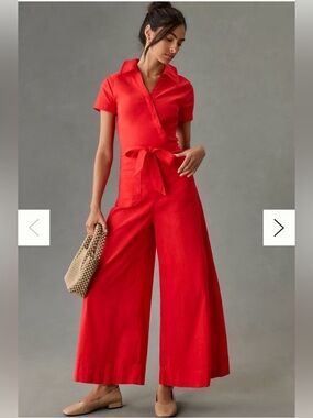 Anthropologie Maeve Short-Sleeve Wrapped-Culotte Jumpsuit Red 6